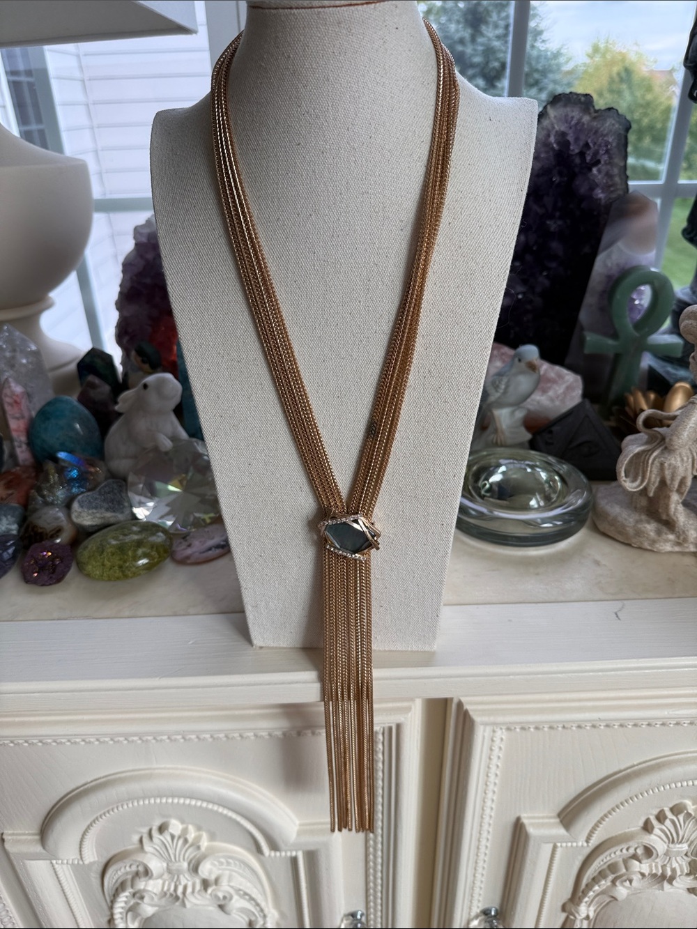 Gold Multi-Strand Tassel Necklace with faux Labradorite Stone Accent